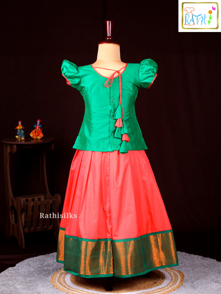 Green Blouse with Contrast Orange Pavadai