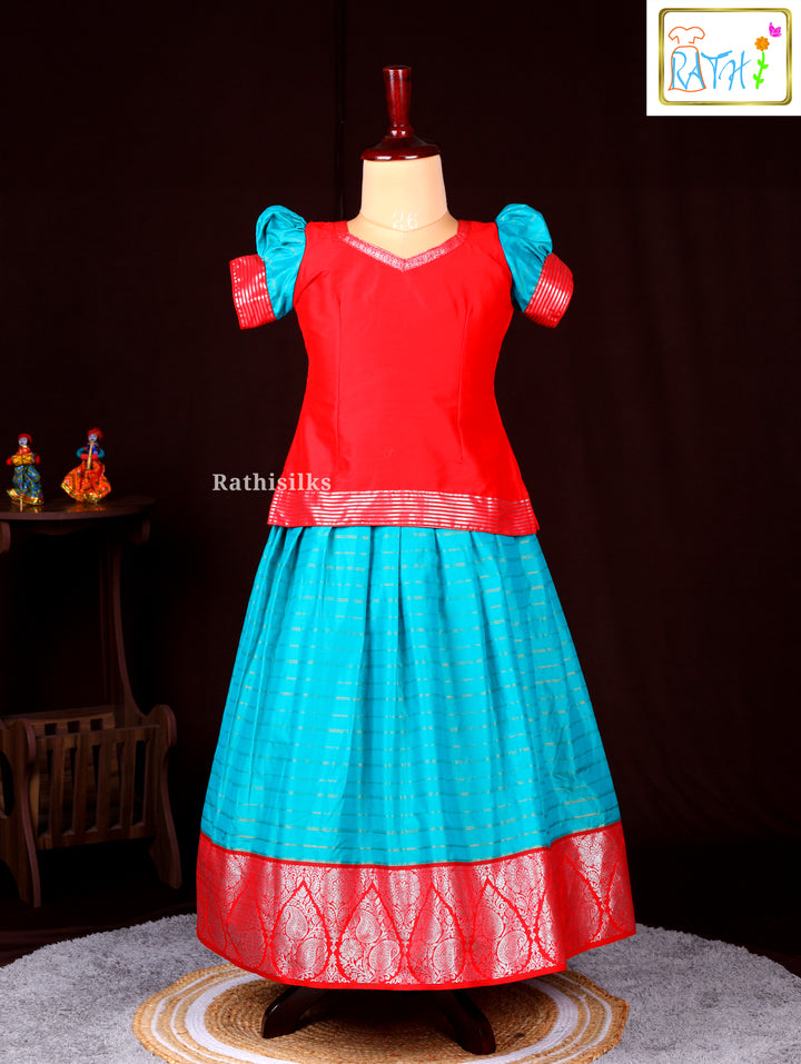 Red Blouse with Blue Zari Woven Pavadai