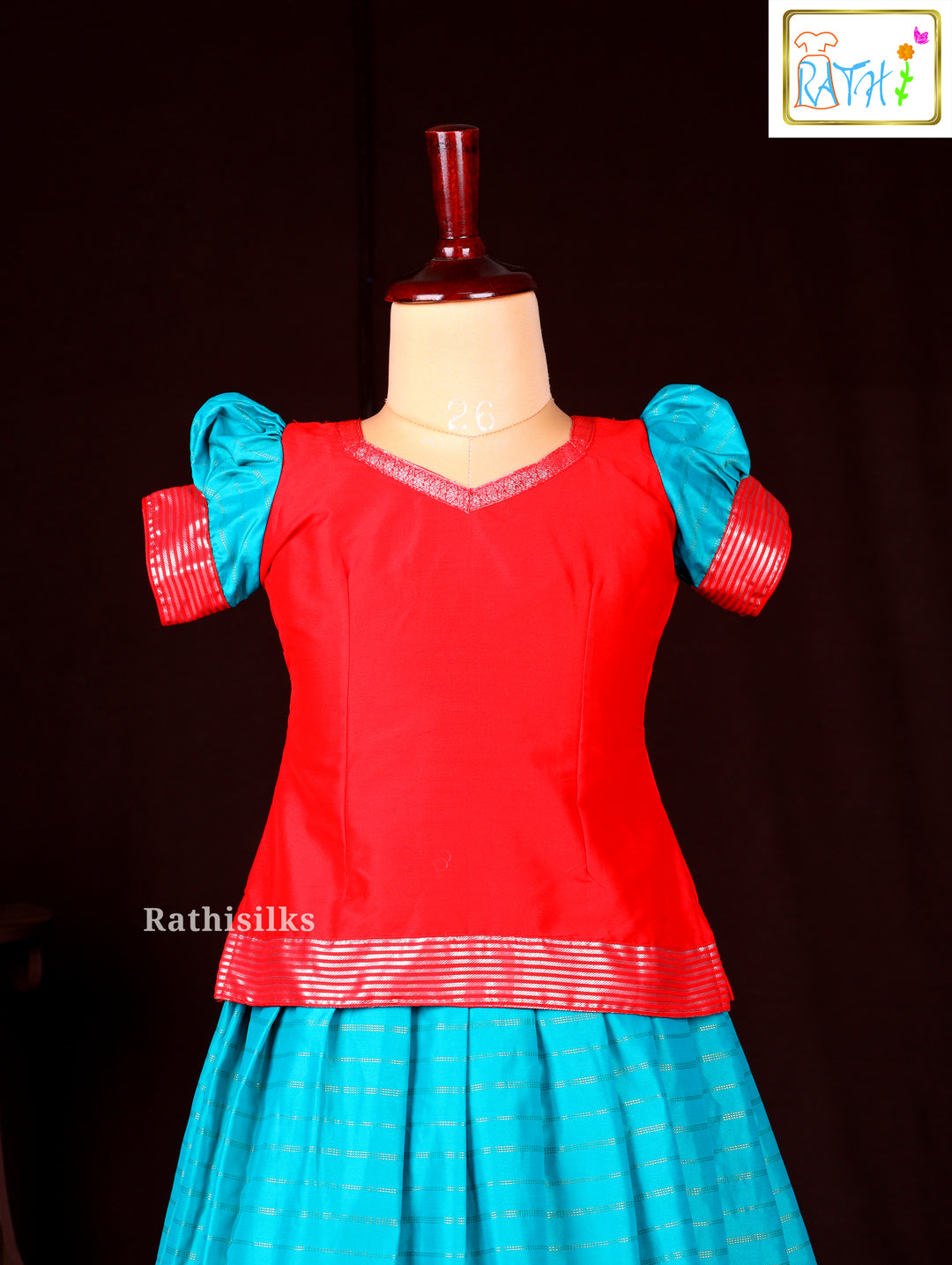 Red Blouse with Blue Zari Woven Pavadai