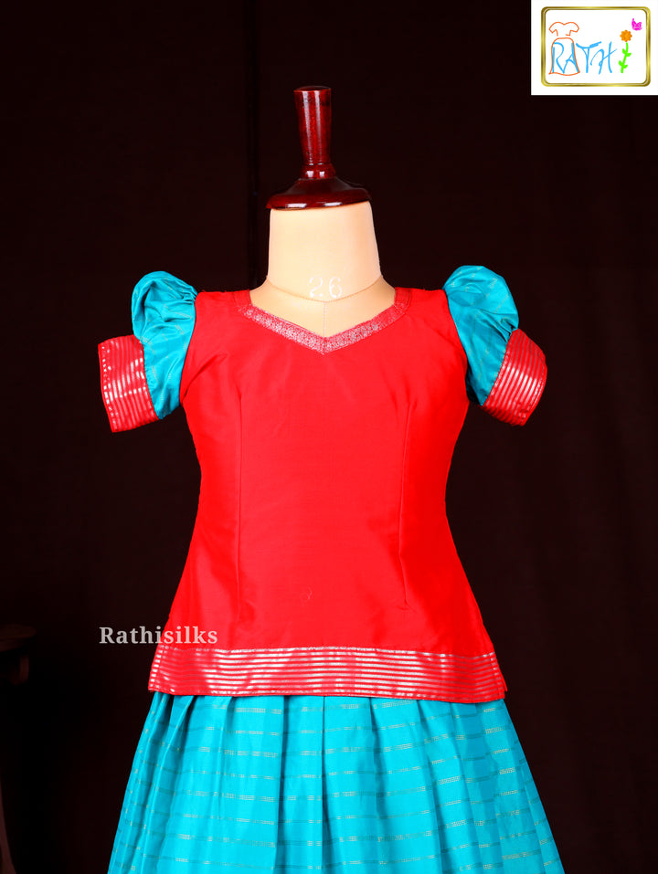 Red Blouse with Blue Zari Woven Pavadai