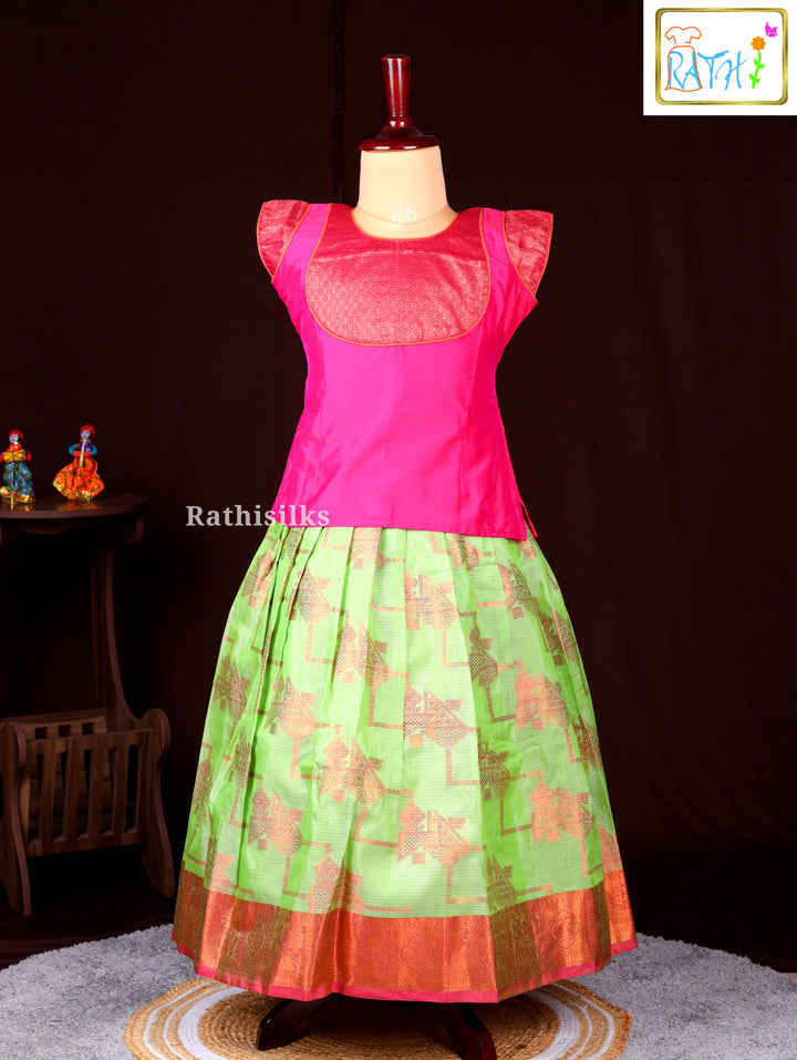 Pink Blouse with Green Zari Woven Pavadai