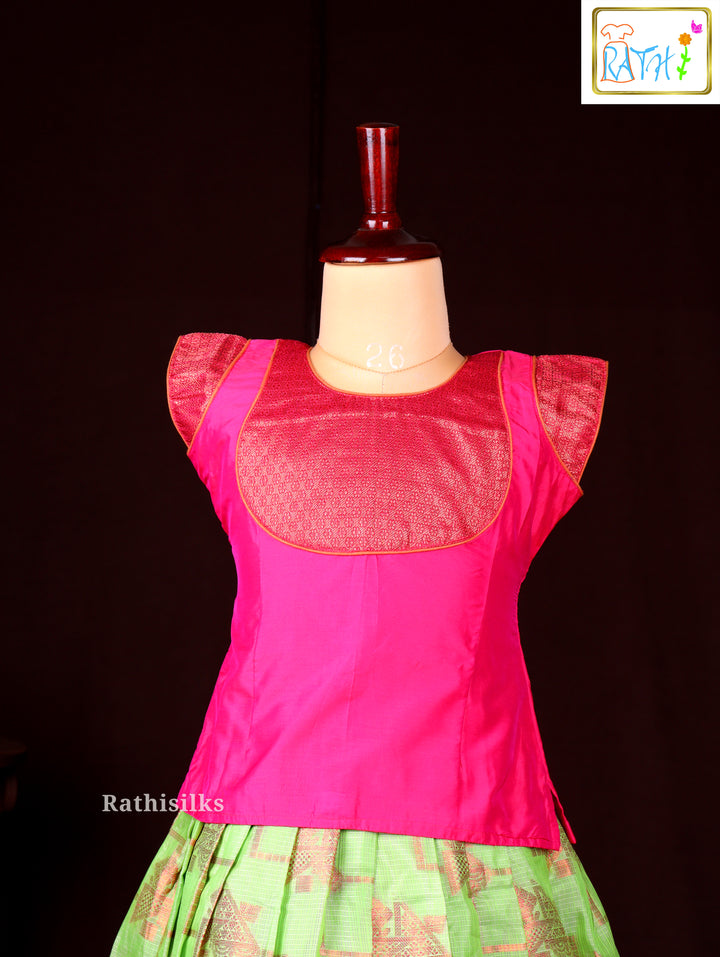 Pink Blouse with Green Zari Woven Pavadai