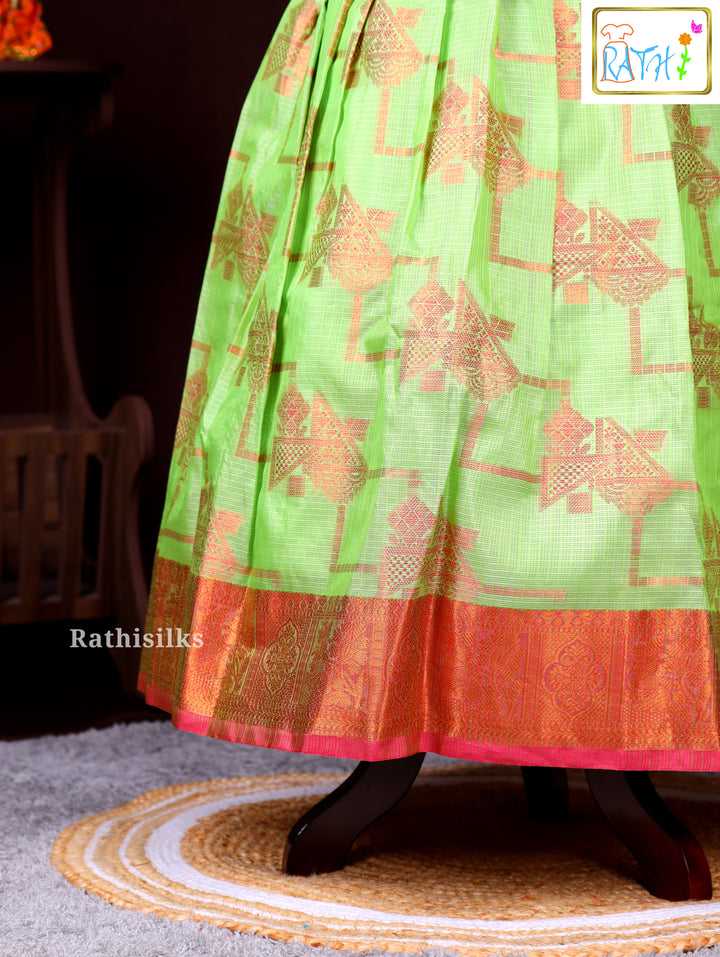 Pink Blouse with Green Zari Woven Pavadai