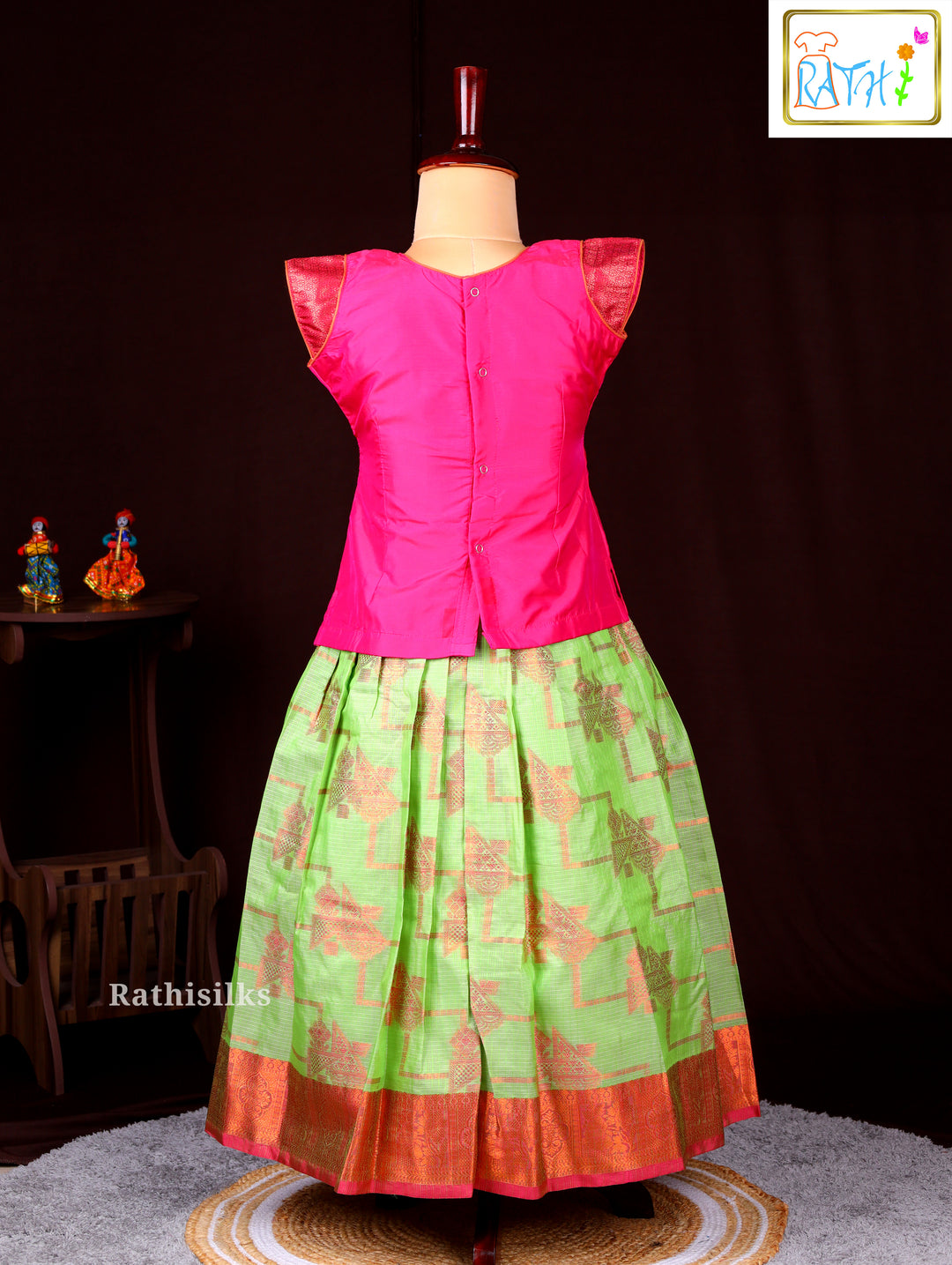 Pink Blouse with Green Zari Woven Pavadai