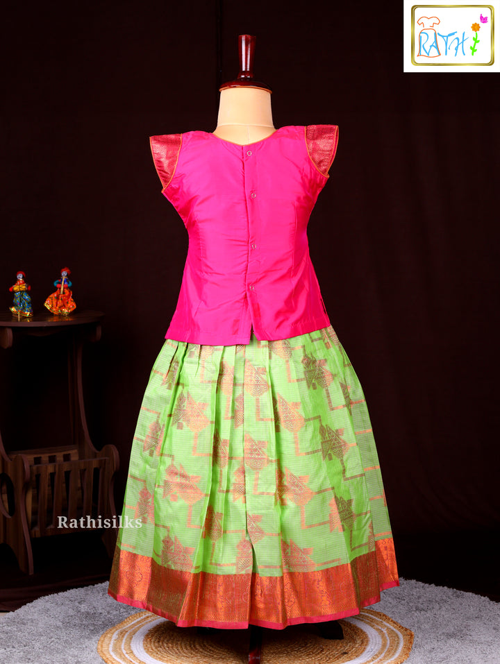 Pink Blouse with Green Zari Woven Pavadai
