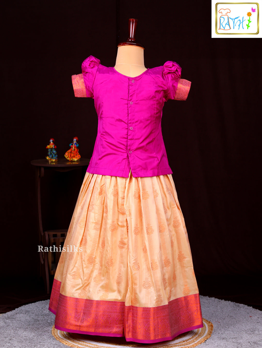 Vibrant Pink Blouse with Peach Pavadai