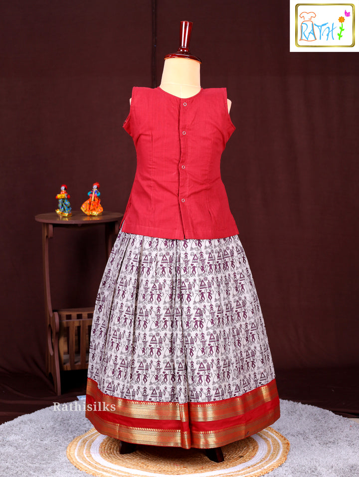 Traditional Red & White Mangalagiri Pavadai Sattai