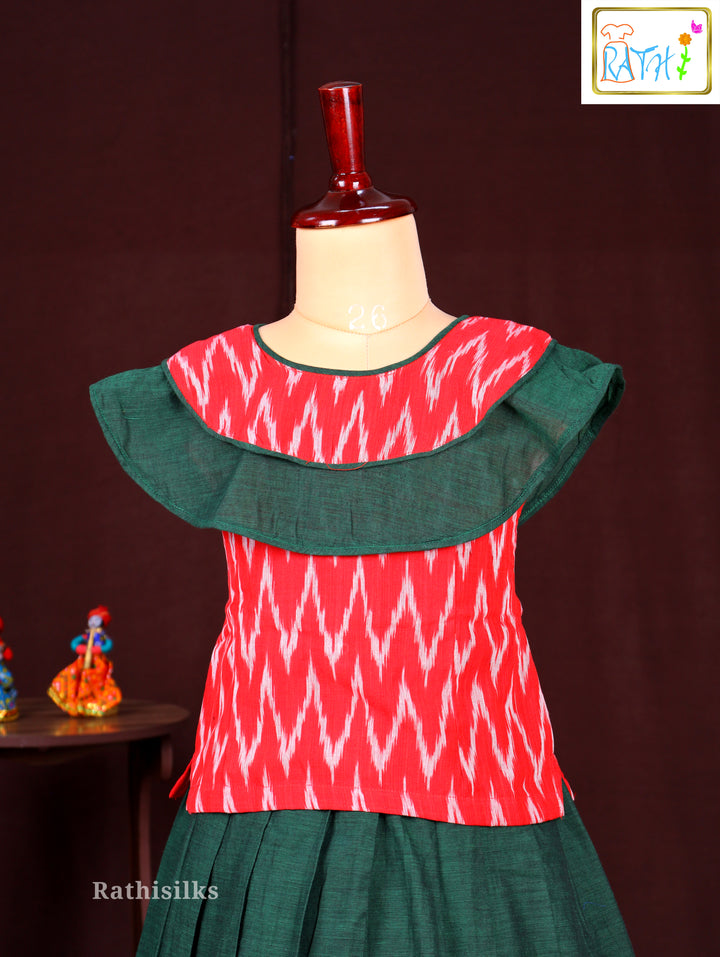 Traditional Red & Green Ikat Pavadai Sattai