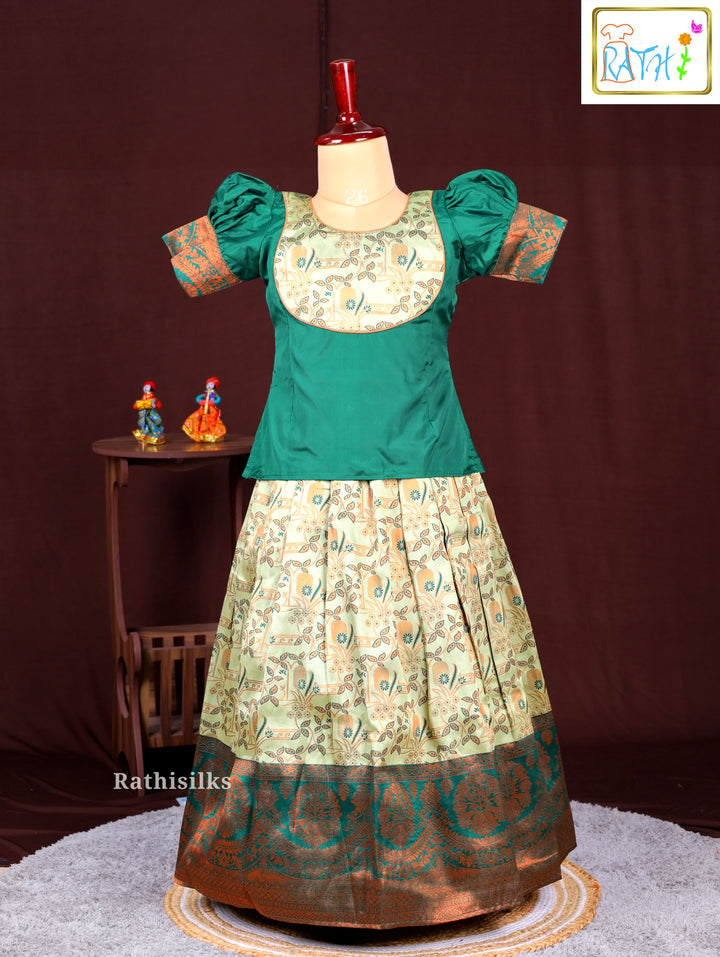 Girls’ Green & Cream Art Silk Pavadai Sattai
