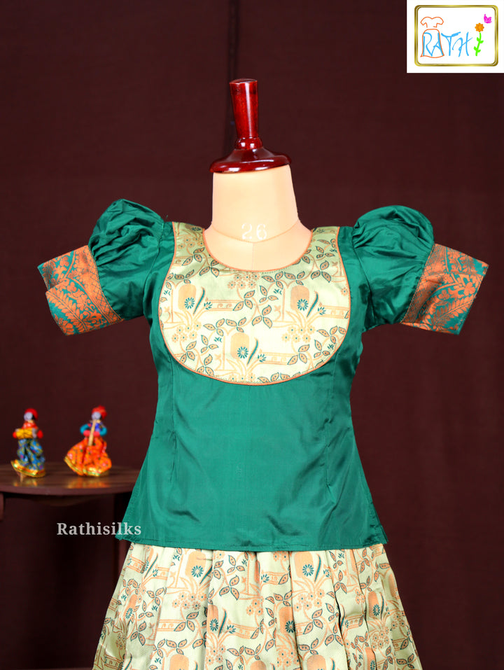 Girls’ Green & Cream Art Silk Pavadai Sattai