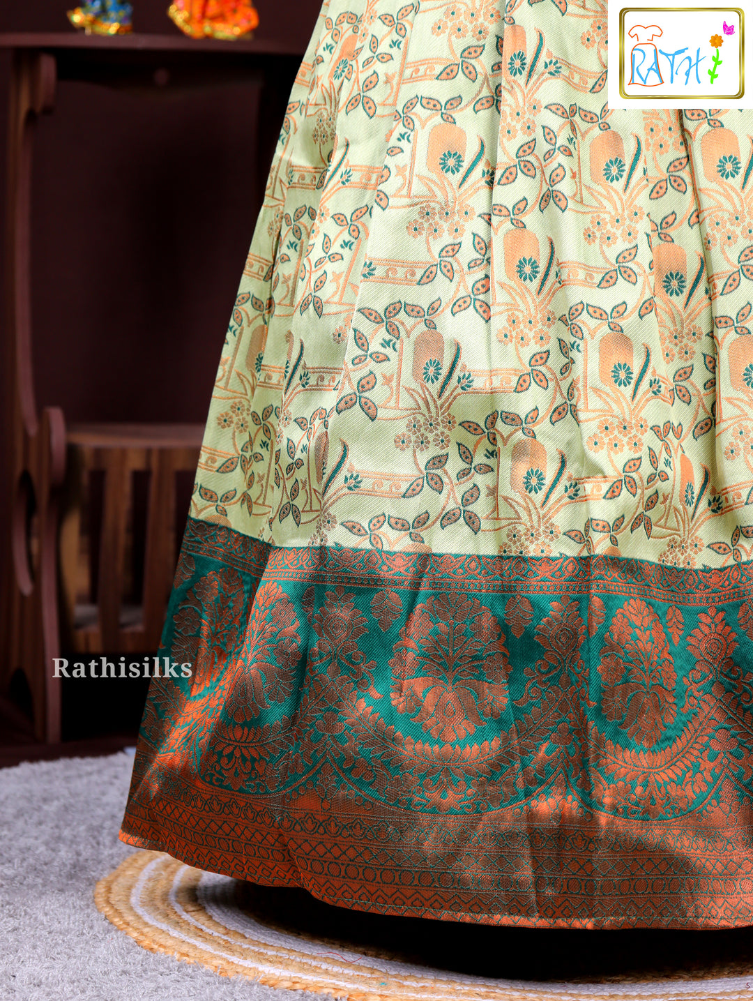 Girls’ Green & Cream Art Silk Pavadai Sattai