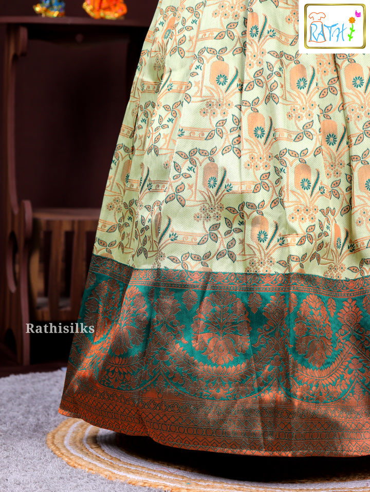 Girls’ Green & Cream Art Silk Pavadai Sattai
