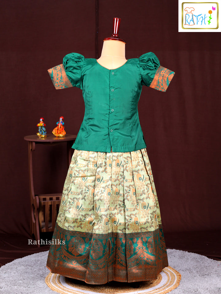 Girls’ Green & Cream Art Silk Pavadai Sattai