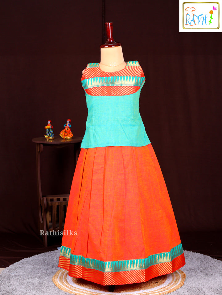 Girls’ Orange & Green Cotton Pavadai Sattai