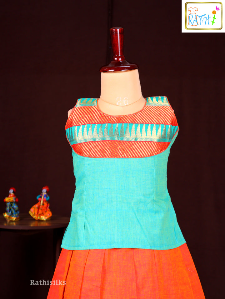 Girls’ Orange & Green Cotton Pavadai Sattai