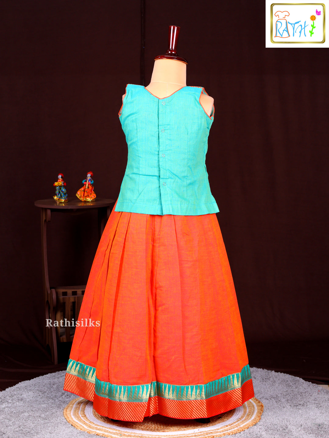 Girls’ Orange & Green Cotton Pavadai Sattai