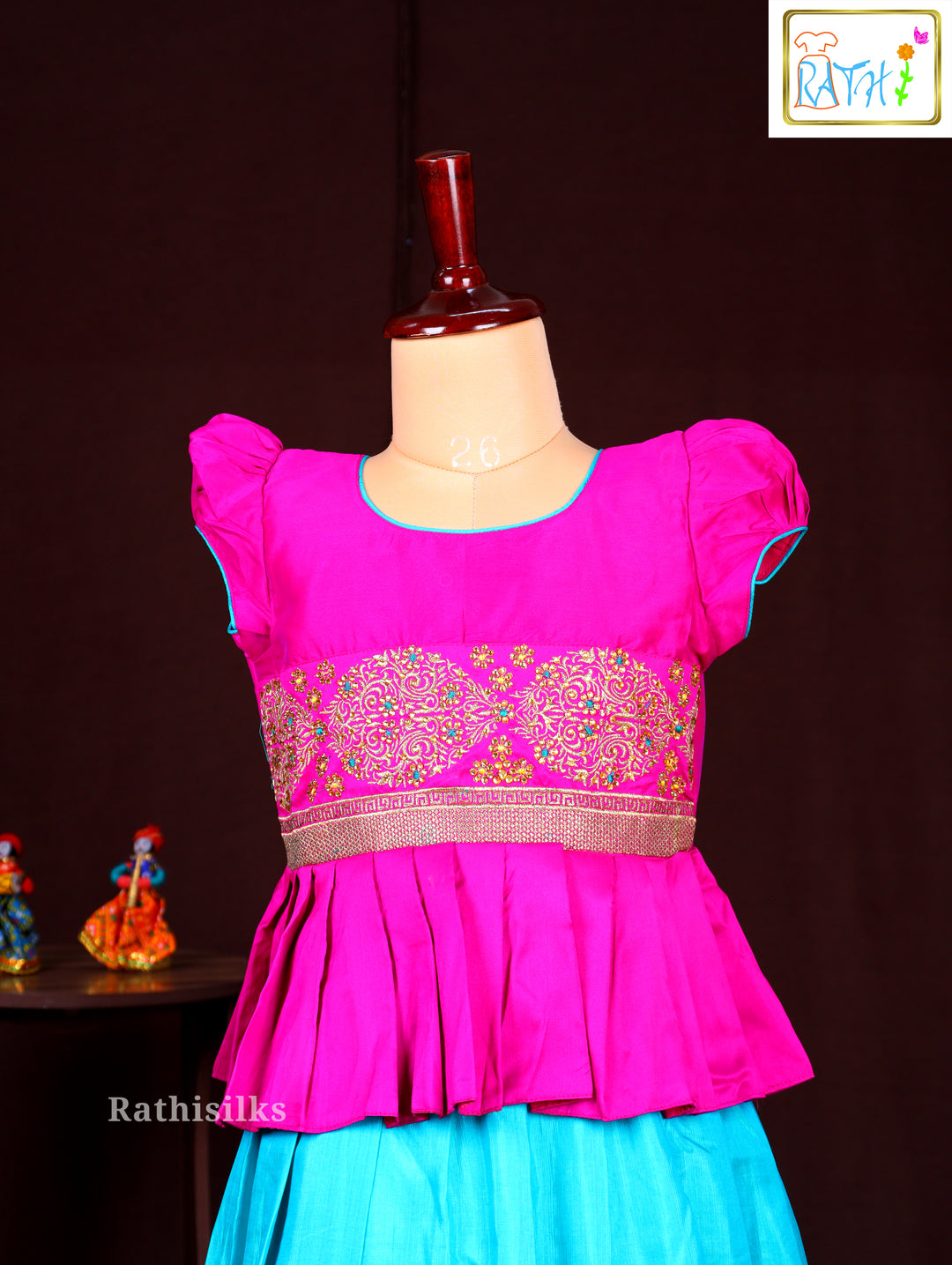 Girls’ Pink & Blue Art Silk Pavadai Sattai