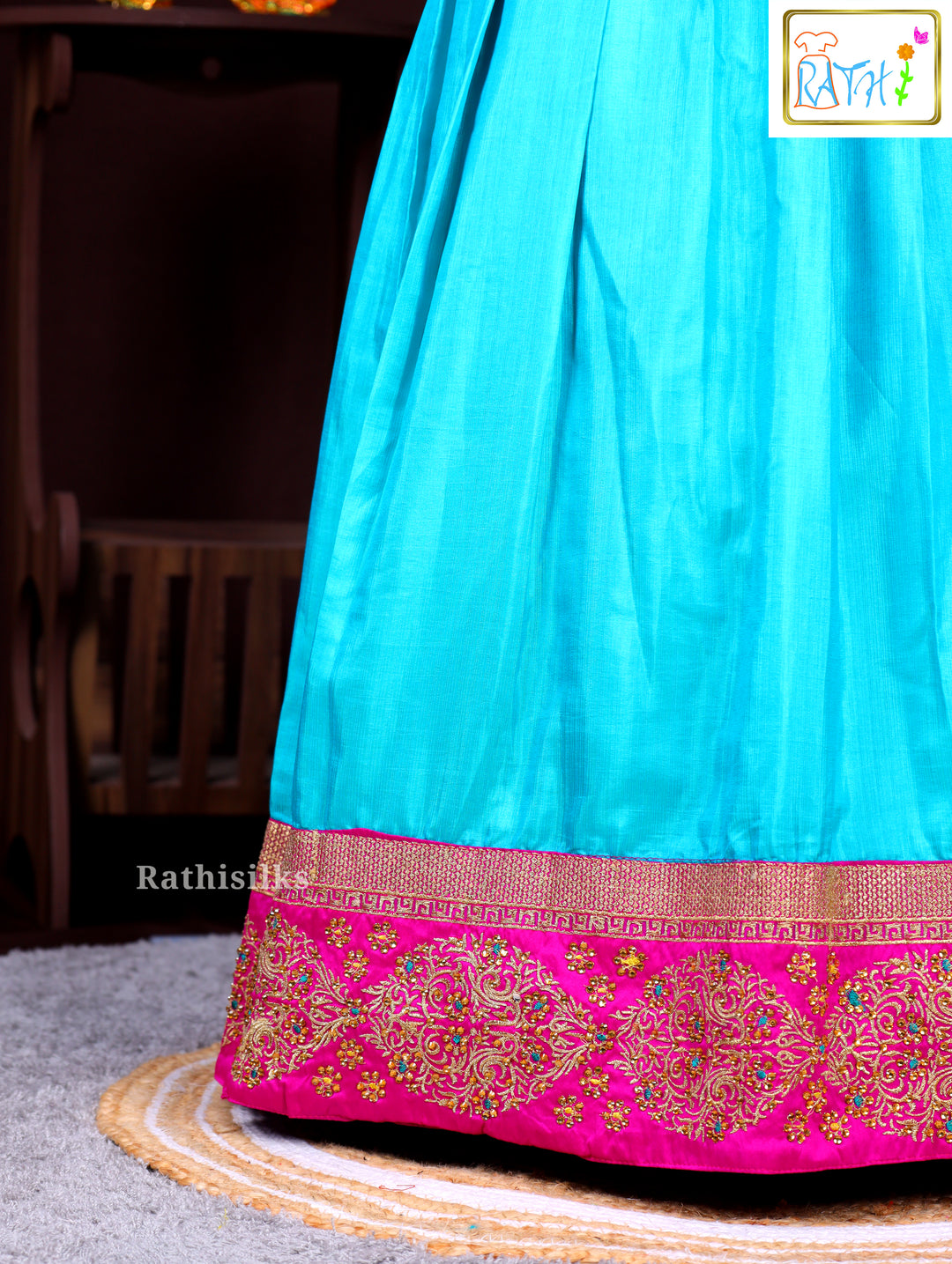 Girls’ Pink & Blue Art Silk Pavadai Sattai