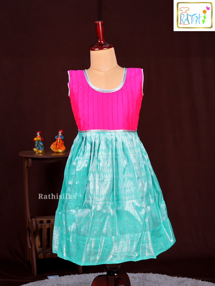 Girls’ Pink & Sea Green Art Silk Frock