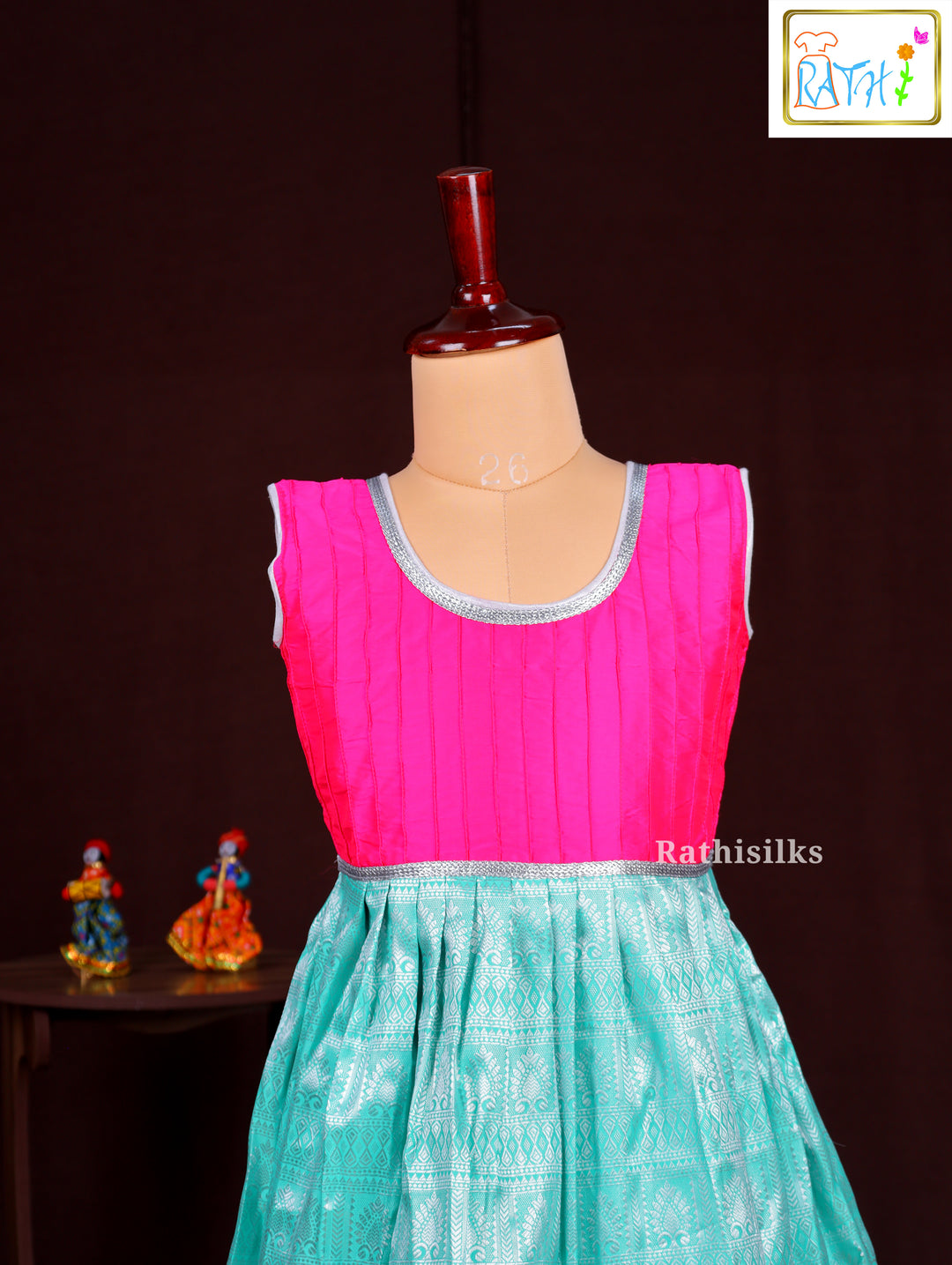 Girls’ Pink & Sea Green Art Silk Frock