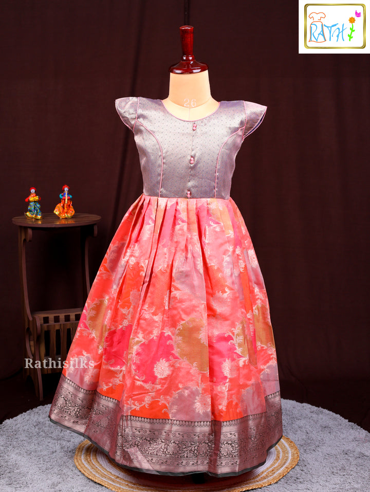 Elegant Grey & Pink Art Silk Frock