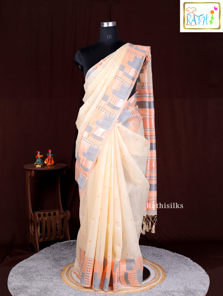 Elegant Cream & Peach Synthetic Cotton Saree