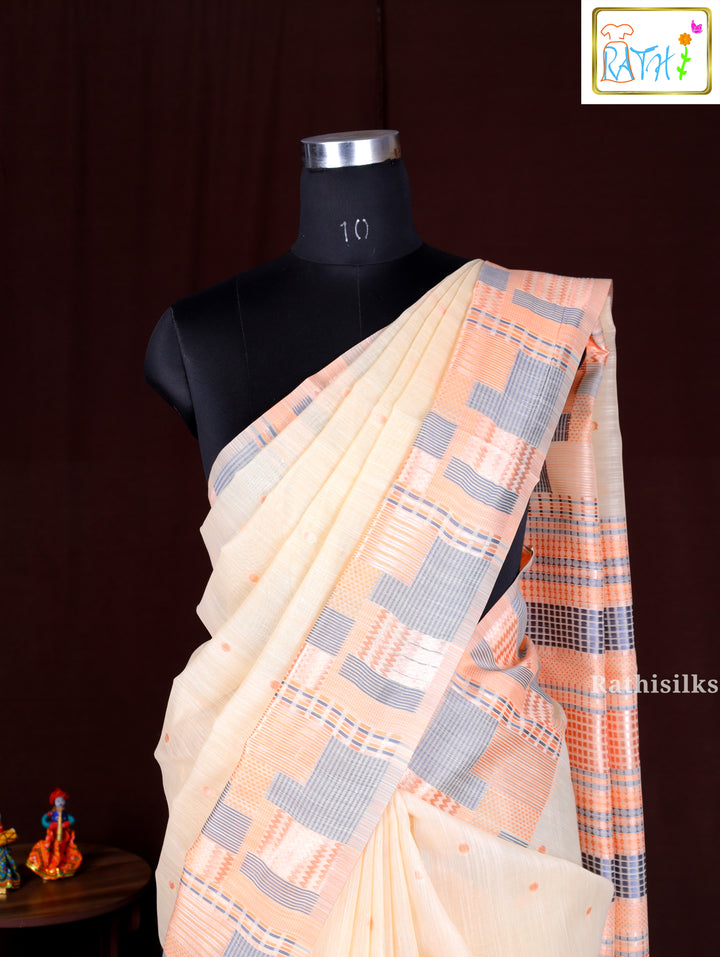 Elegant Cream & Peach Synthetic Cotton Saree