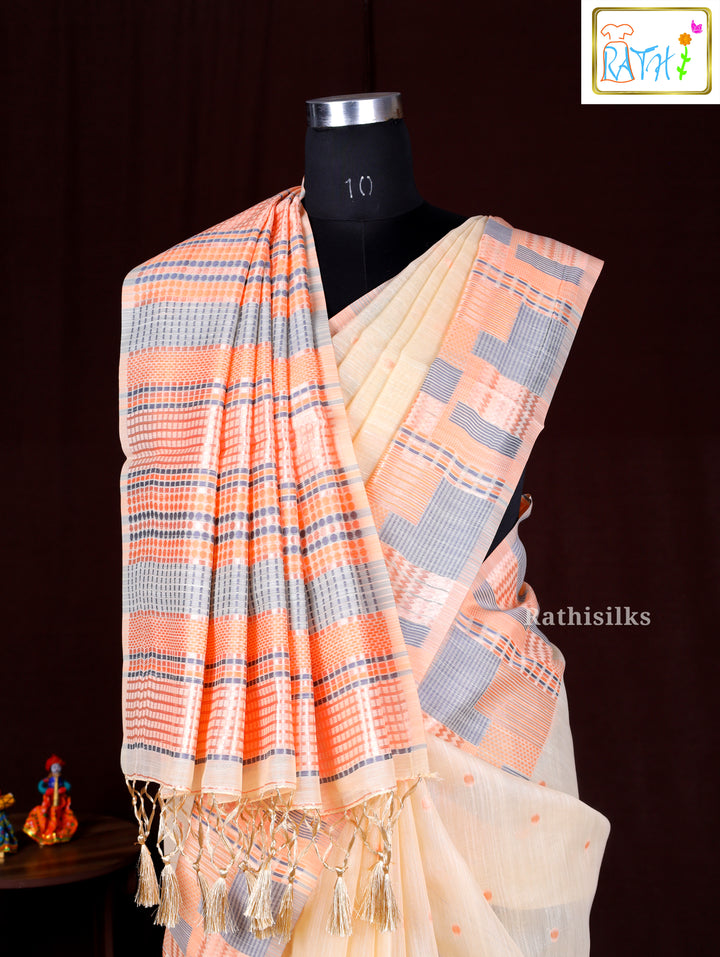 Elegant Cream & Peach Synthetic Cotton Saree