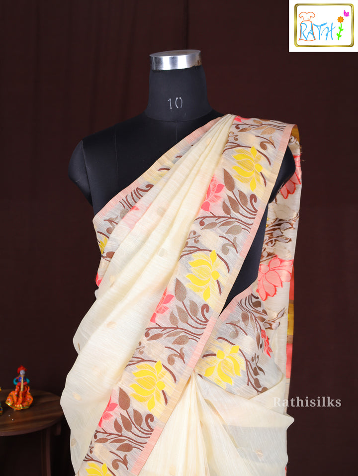 Elegant Cream Synthetic Cotton Saree