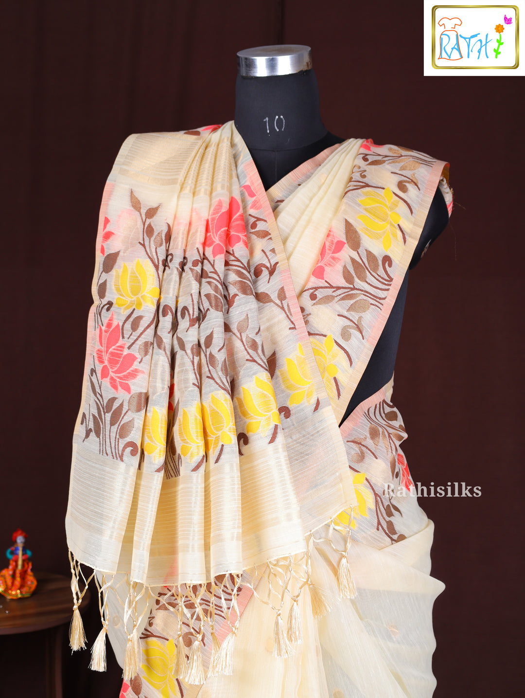 Elegant Cream Synthetic Cotton Saree