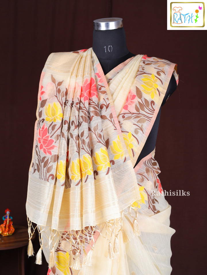 Elegant Cream Synthetic Cotton Saree