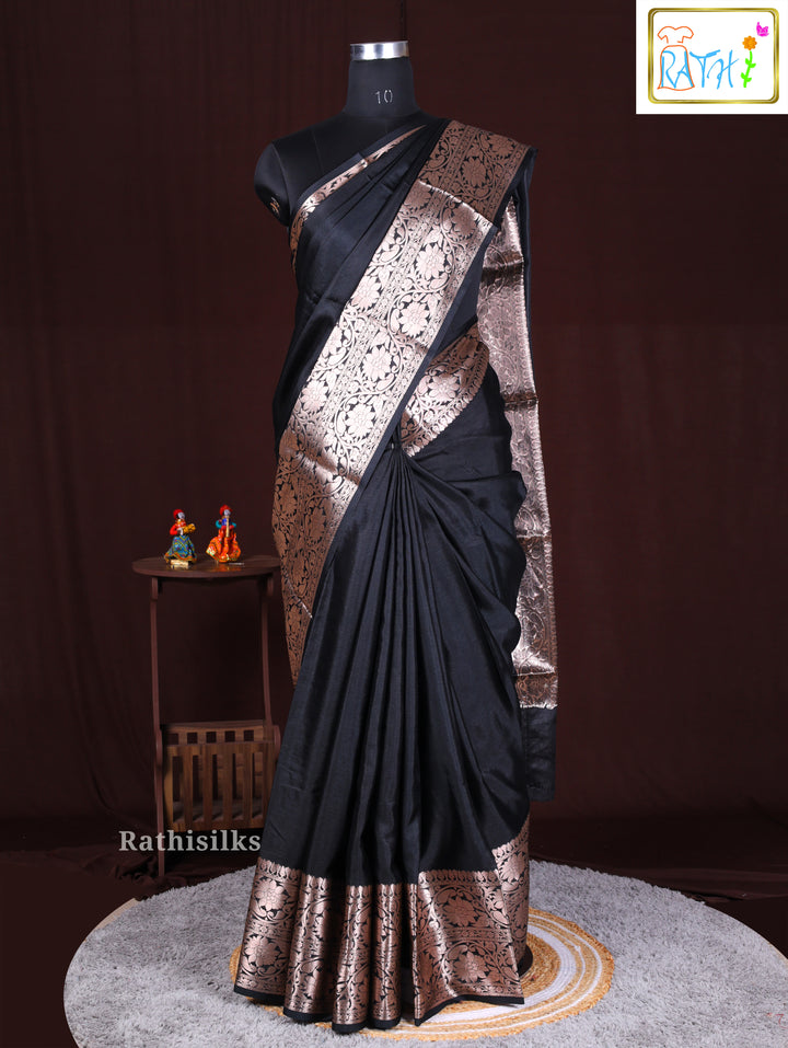 Elegant Black and Gold Synthetic Saree
