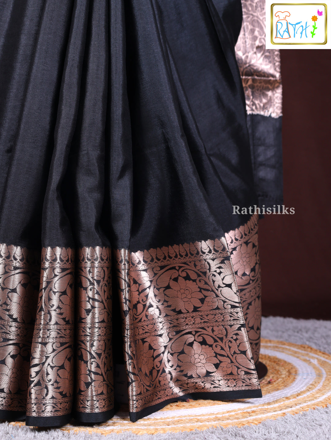 Elegant Black and Gold Synthetic Saree
