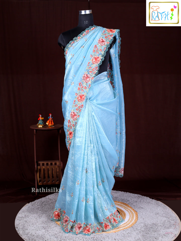 Pastel Blue Synthetic Saree