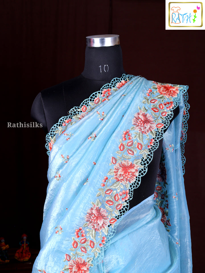 Pastel Blue Synthetic Saree