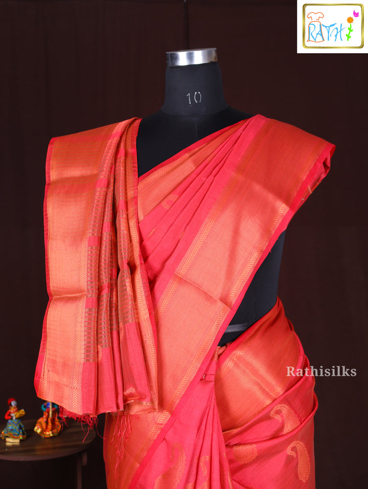 Salmon Pink Synthetic Saree