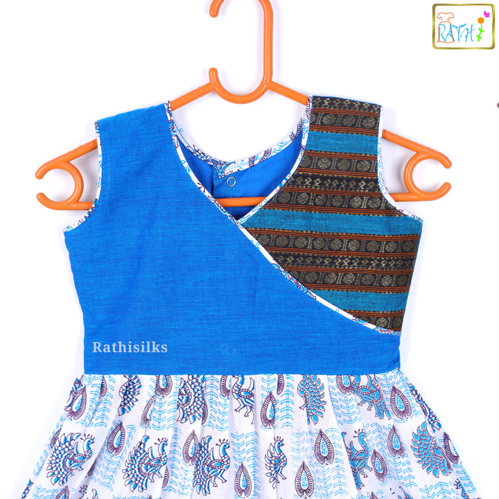 Elegant Blue & White Mangalagiri Cotton Short Frock