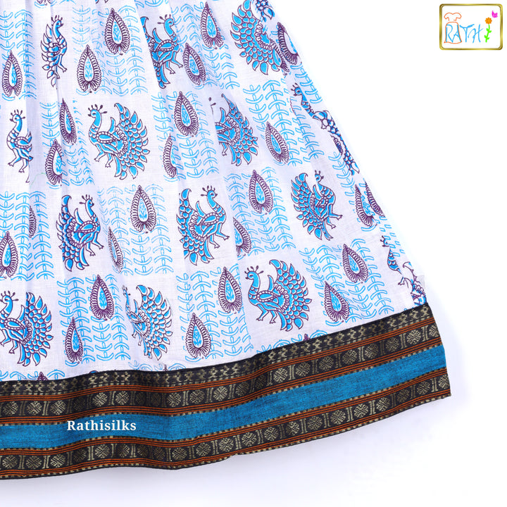 Elegant Blue & White Mangalagiri Cotton Short Frock