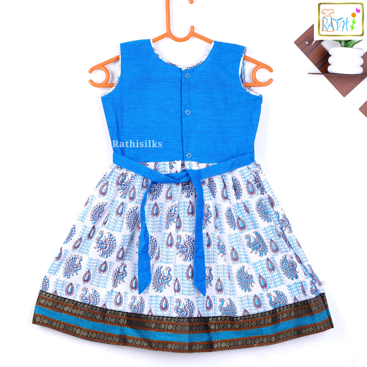 Elegant Blue & White Mangalagiri Cotton Short Frock