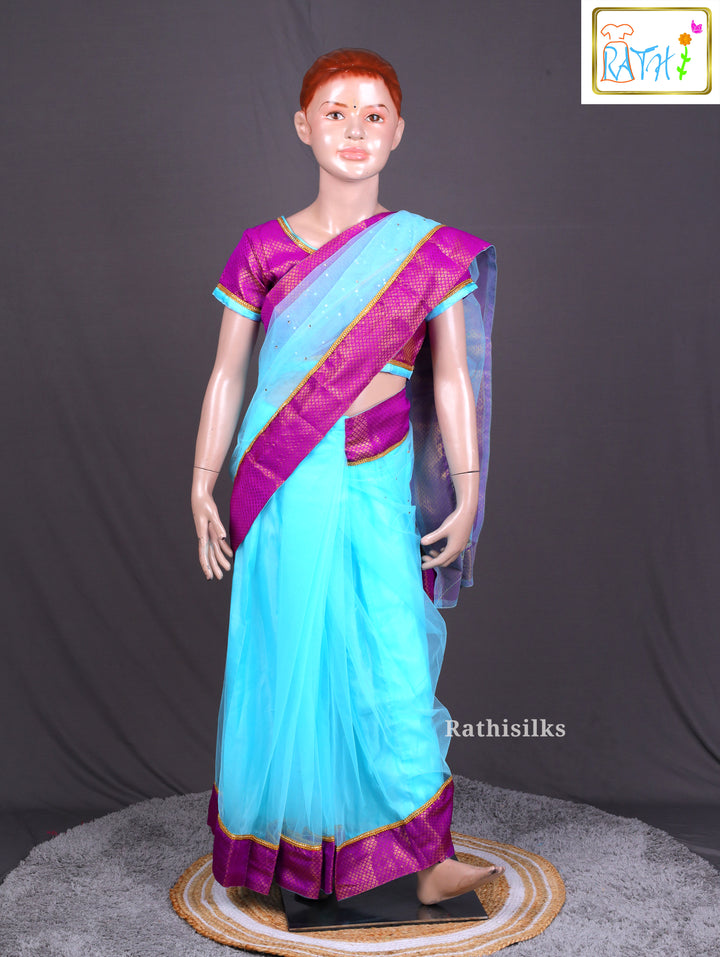 Elegant Aqua Blue & Purple Ready-to-Wear Saree