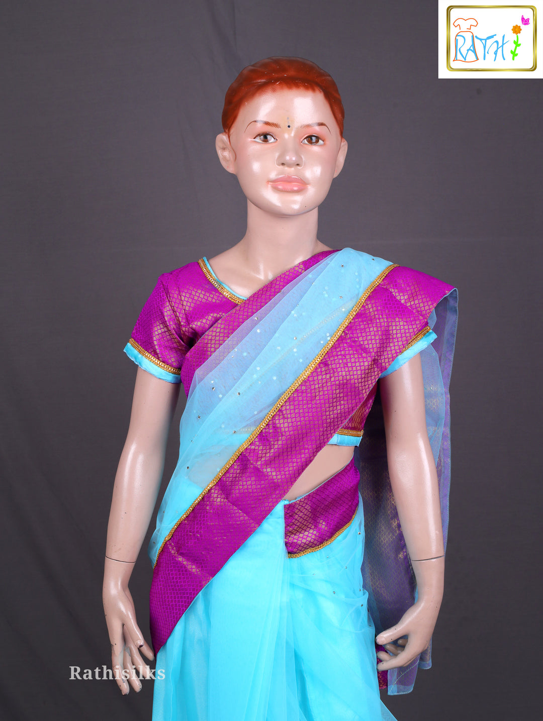 Elegant Aqua Blue & Purple Ready-to-Wear Saree