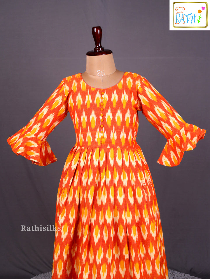 Trendy Orange Ikat Cotton Frock