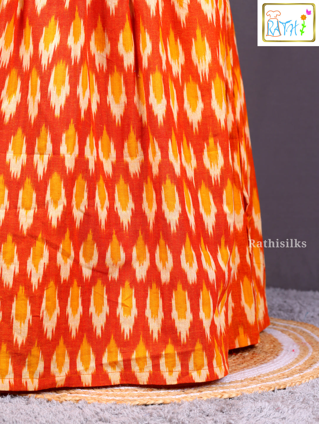 Trendy Orange Ikat Cotton Frock