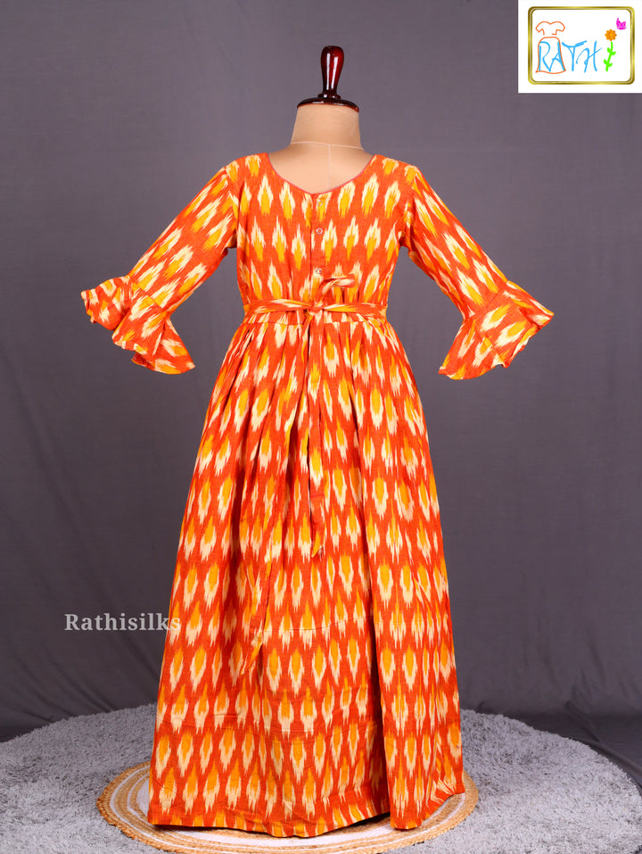 Trendy Orange Ikat Cotton Frock
