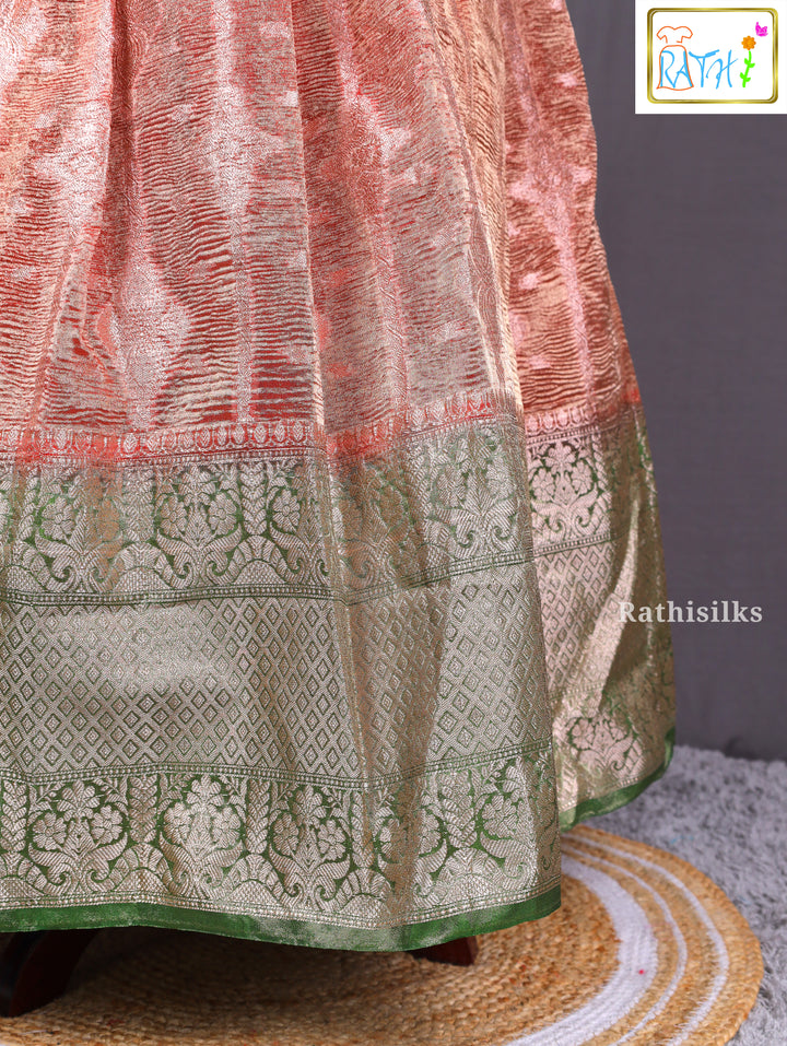 Peach and Green Banarasi Silk Anarkali Frock