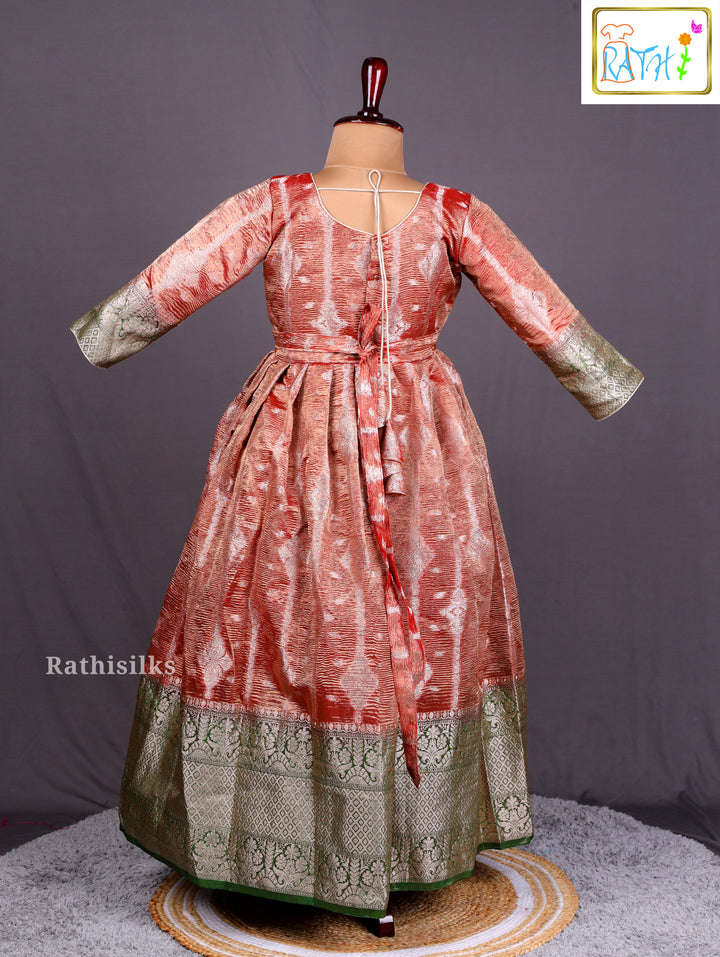 Peach and Green Banarasi Silk Anarkali Frock