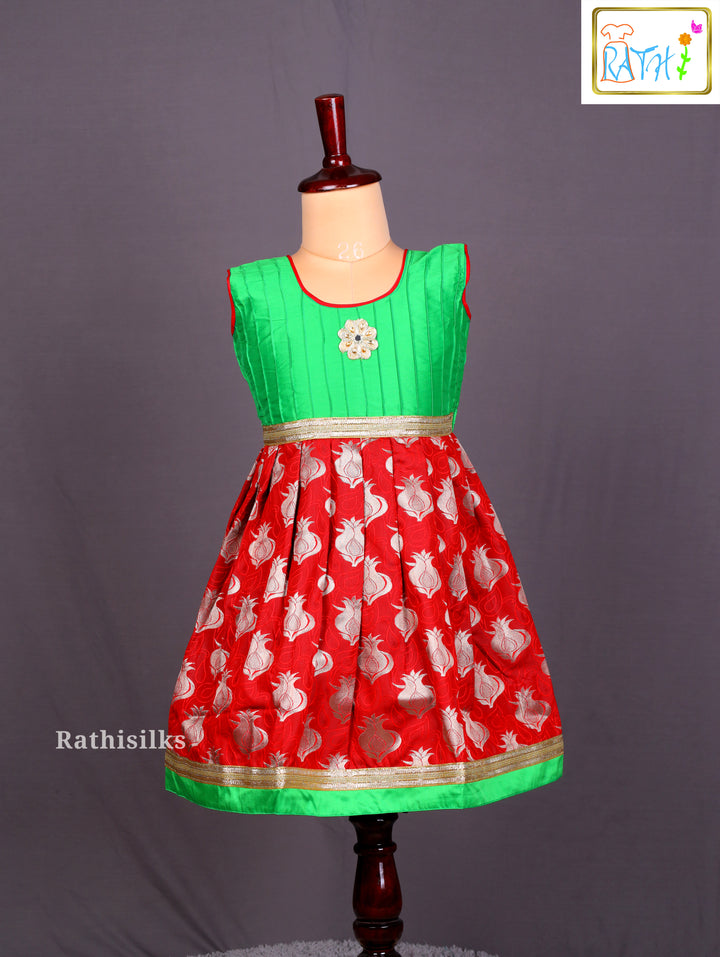 Elegant Green & Red Art Silk Frock
