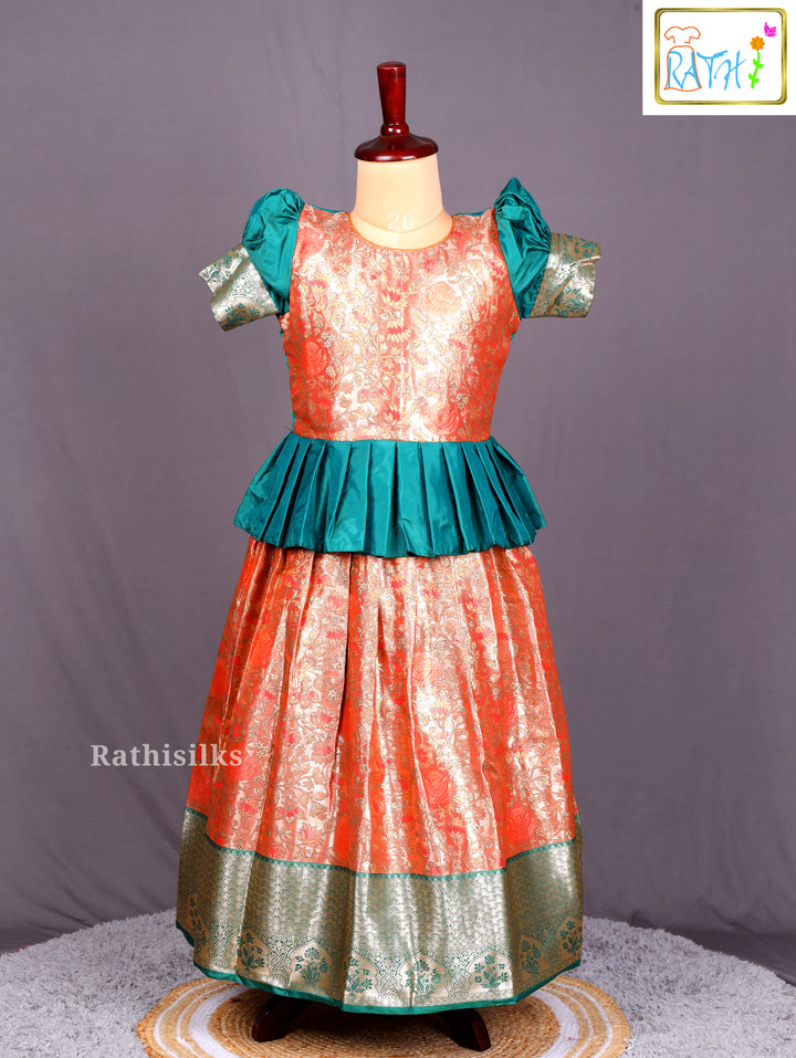 Orange & Green Art Silk Pavadai Sattai
