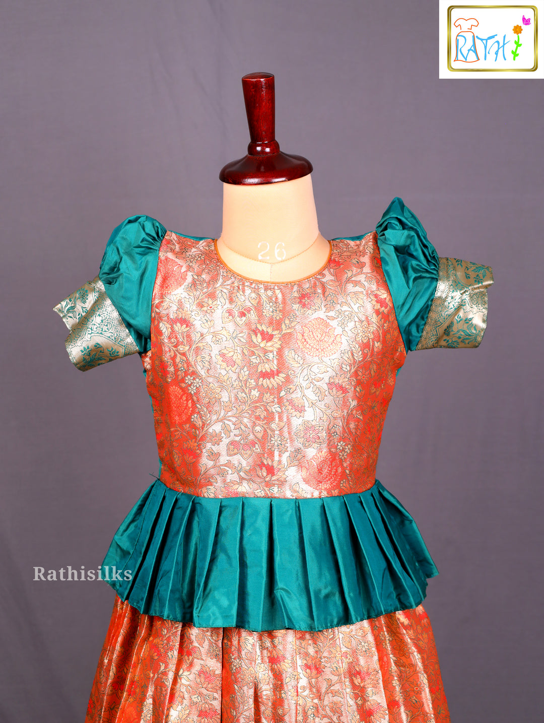 Orange & Green Art Silk Pavadai Sattai