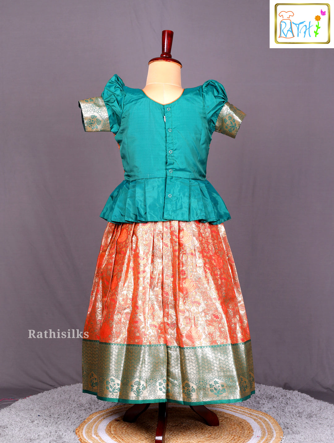 Orange & Green Art Silk Pavadai Sattai